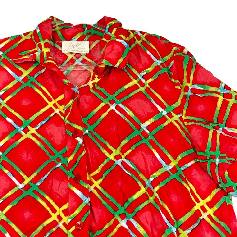Vintage ARIELLA LONDON EUR 44 UK 18 US 14 Red Green Abstract Blouse Short Sleeve